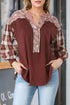 Floral Plaid Mixed Print Bishop Sleeve Patchwork Top